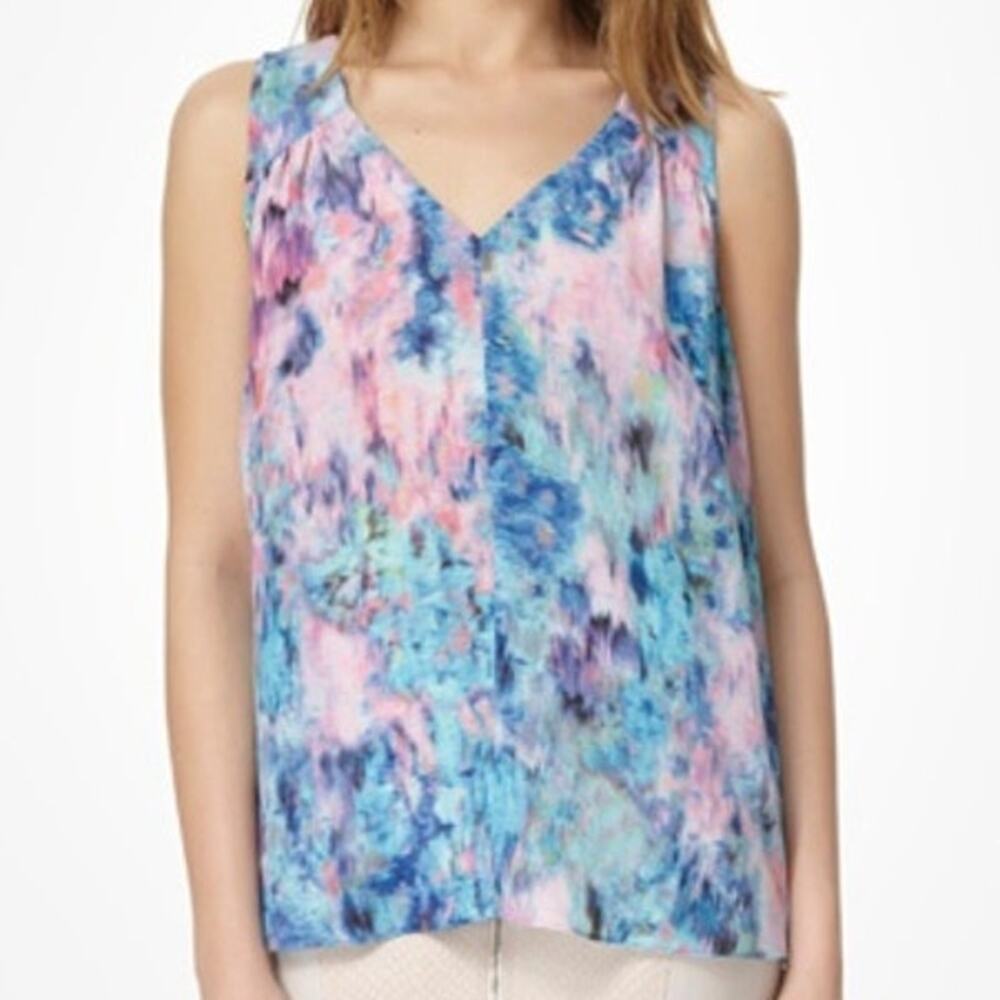 Rebecca Taylor Aurora Double V Tee 100% Silk Multi Color Women's Size 4 EUC